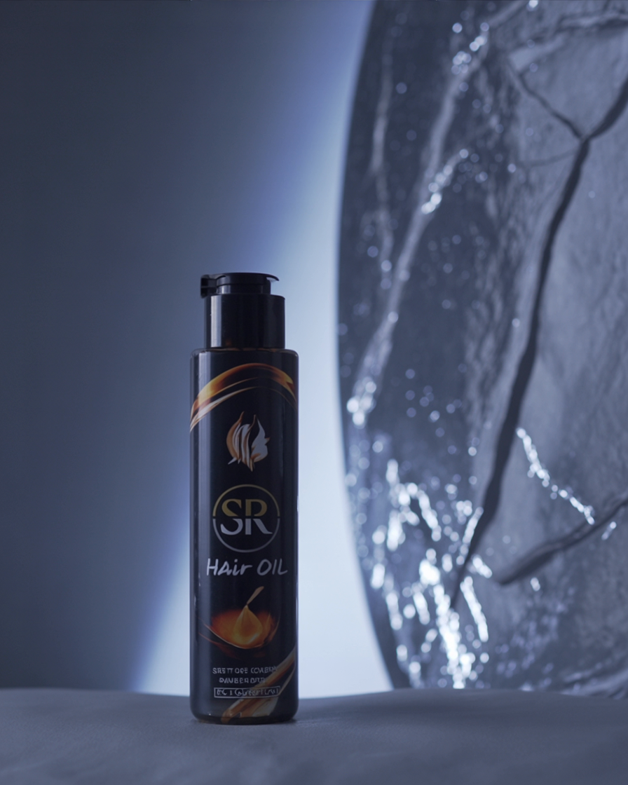 SR Hair Oil bottle with a blurred background