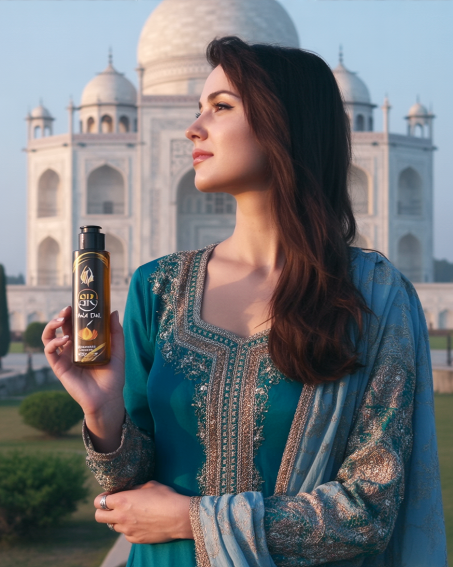 Woman holding a bottle of oil with the Taj Mahal in the background